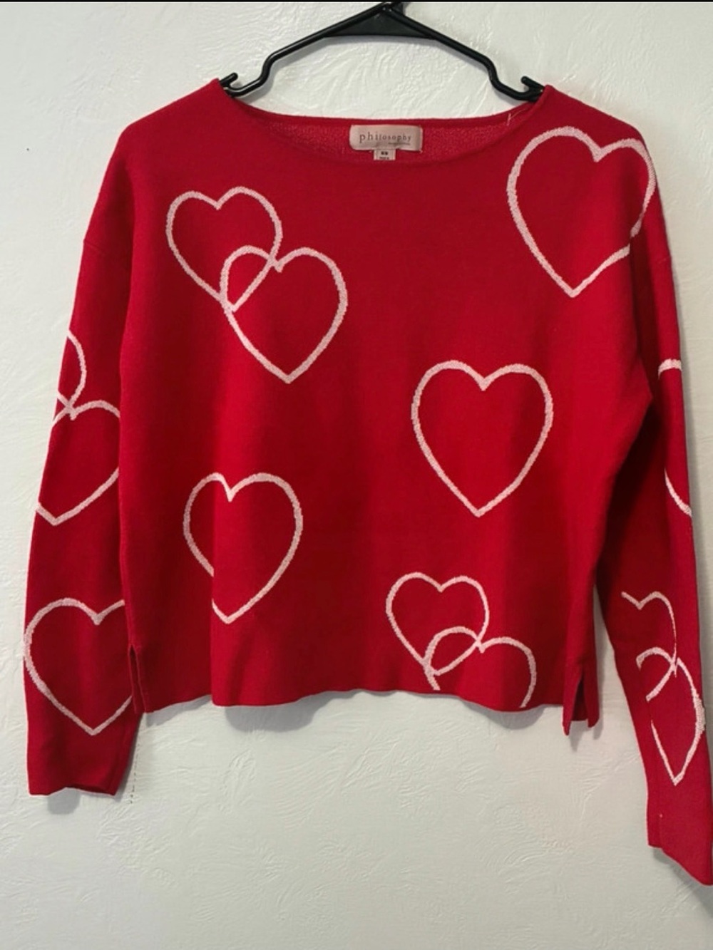 Philosophy Red Crewneck Sweater with White Heart Pattern